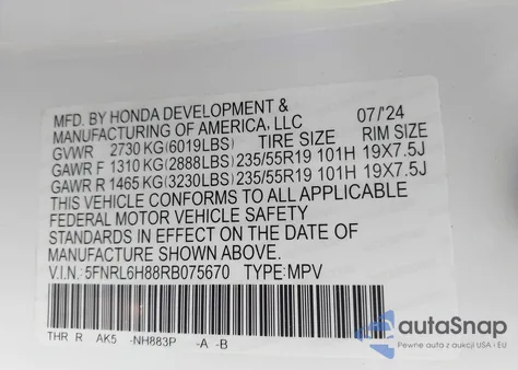 2024 Honda Odyssey Touring z USA, uszkodzony, nr VIN 5FNRL6H88RB075670